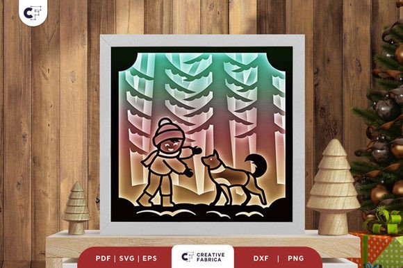 Boy with a Dog in a Forest 3D Shadow Box