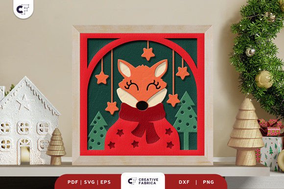 Retro Christmas Fox Head 3D Shadow Box
